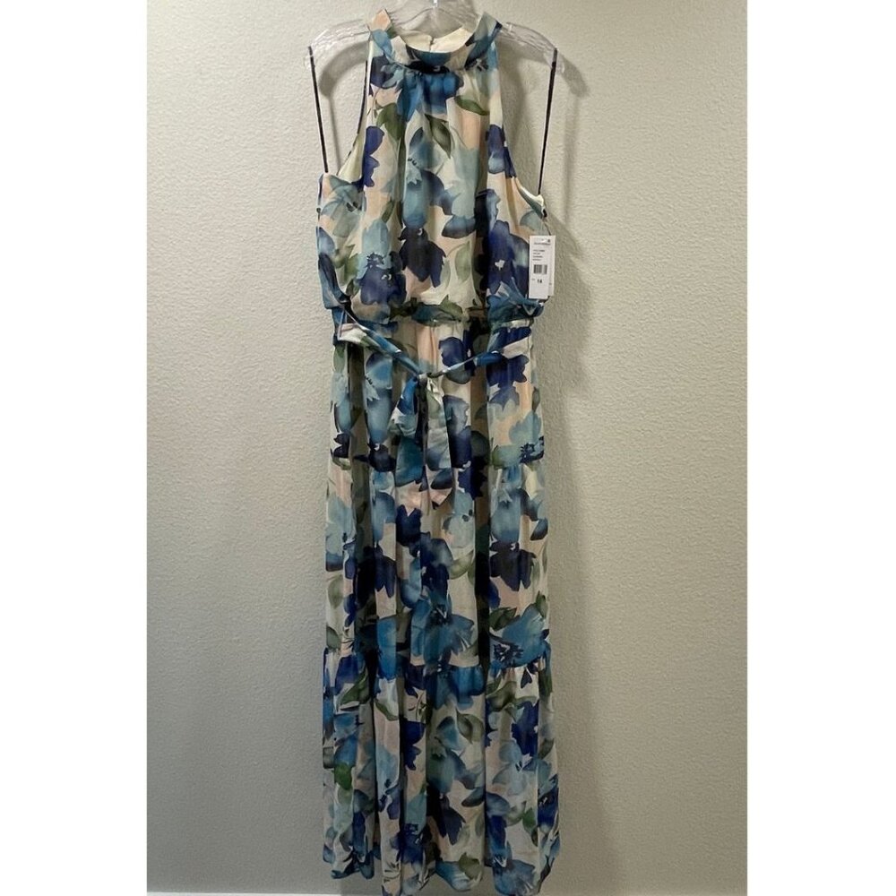 JULIA JORDAN Halter Chiffon Lined Maxi Dress Tiered Full Skirt Floral Blue 14 - Picture 2 of 11